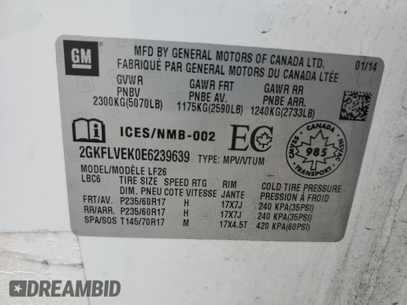 2014 GMC Terrain SLE with VIN 2GKFLVEK0E6239639, listed as a Copart auction lot 43890945 with 148,736 mi miles and Clean Title. Bid and sale history available at carsss.com. Image 14.