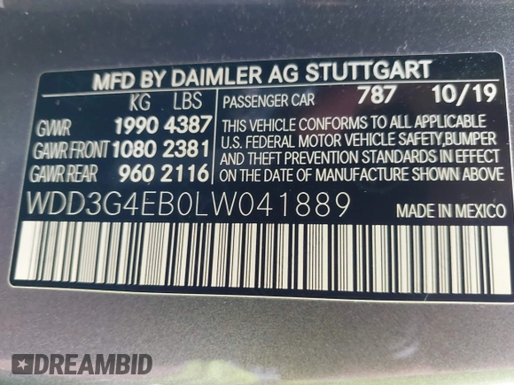 2020 Mercedes-Benz A 220 with VIN WDD3G4EB0LW041889, listed as a IAAI auction lot 41234703 with 20,493 mi miles and . Bid and sale history available at DreamBid. Image 9.