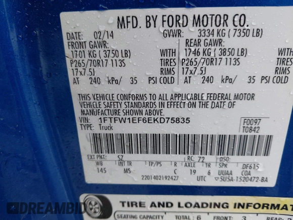 2014 Ford F-150 XL with VIN 1FTFW1EF6EKD75835, listed as a IAAI auction lot 41942390 with 130,939 mi miles. Bid and sale history available at carsss.com. Image 9.