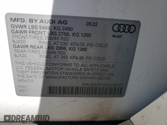 2022 Audi Q5 S line Premium Plus with VIN WA1EAAFY2N2124721, listed as a Copart auction lot 66202045 with 45,059 mi miles and Salvage title. Bid and sale history available at DreamBid. Image 13.