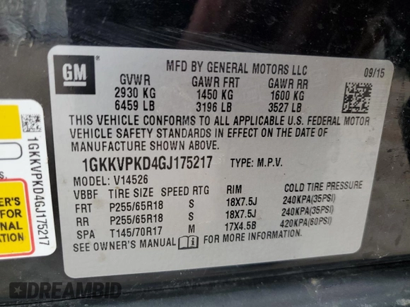 2016 GMC Acadia SLE with VIN 1GKKVPKD4GJ175217, listed as a Copart auction lot 46374475 with 92,311 mi miles and Salvage title. Bid and sale history available at DreamBid. Image 15.