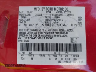 2008 Ford Ranger XLT with VIN 1FTZR45E88PA19603, listed as a IAAI auction lot 41947460 with 135,345 mi miles and . Bid and sale history available at DreamBid. Image 9.