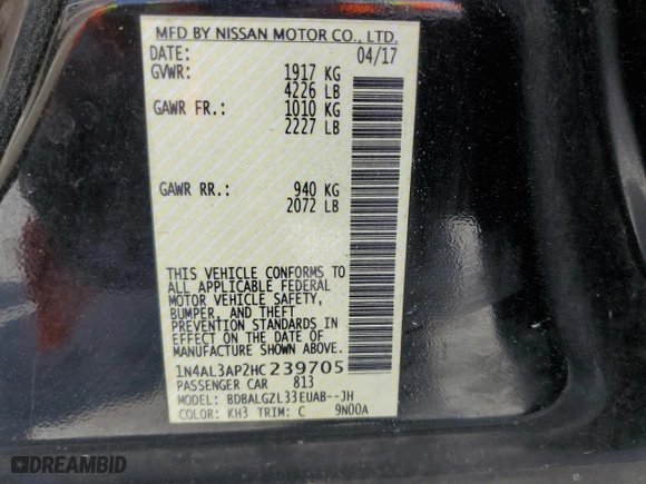 2017 Nissan Altima 2.5 SV with VIN 1N4AL3AP2HC239705, listed as a Copart auction lot 50055635 with 114,651 mi miles and Salvage Title. Bid and sale history available at carsss.com. Image 13.