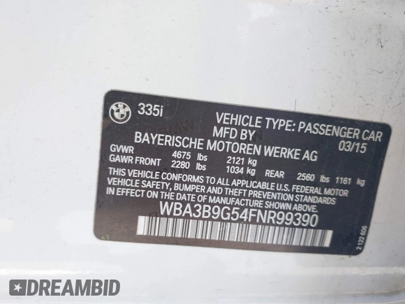 2015 BMW 3 Series 335i xDrive with VIN WBA3B9G54FNR99390, listed as a IAAI auction lot 42432961 with 114,288 mi miles and . Bid and sale history available at DreamBid. Image 9.