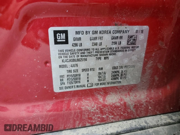 2018 Buick Encore Preferred with VIN KL4CJASB8JB625194, listed as a Copart auction lot 52187095 with 137,580 mi miles and Salvage Title. Bid and sale history available at DreamBid. Image 13.