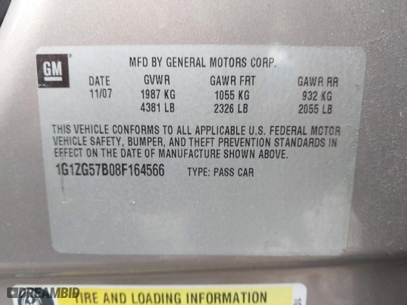 2008 Chevrolet Malibu LS w/1LS with VIN 1G1ZG57B08F164566, listed as a IAAI auction lot 41956303 with 109,247 mi miles. Bid and sale history available at carsss.com. Image 9.