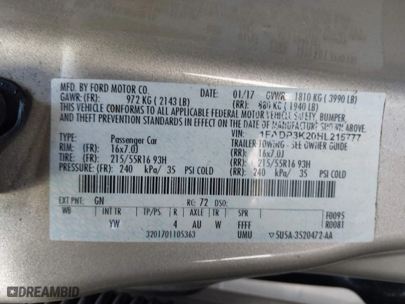 2017 Ford Focus SE with VIN 1FADP3K20HL215777, listed as a IAAI auction lot 41597028 with 137,248 mi miles. Bid and sale history available at carsss.com. Image 9.