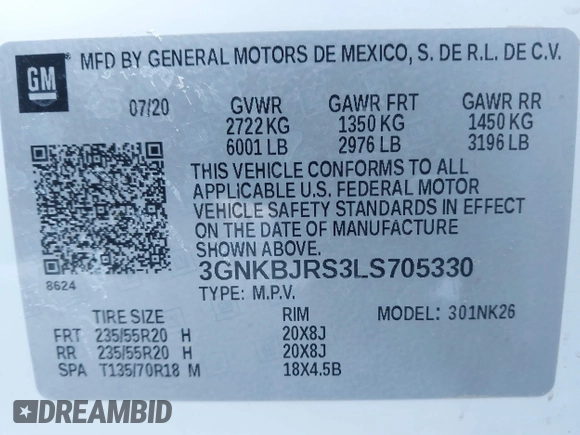 2020 Chevrolet Blazer LT with VIN 3GNKBJRS3LS705330, listed as a IAAI auction lot 41552838 with 57,598 mi miles and . Bid and sale history available at DreamBid. Image 9.