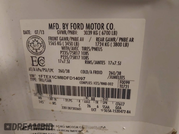 2013 Ford F-150 XL with VIN 1FTEX1CM8DFD14097, listed as a IAAI auction lot 41397500 with 181,838 mi miles. Bid and sale history available at carsss.com. Image 9.