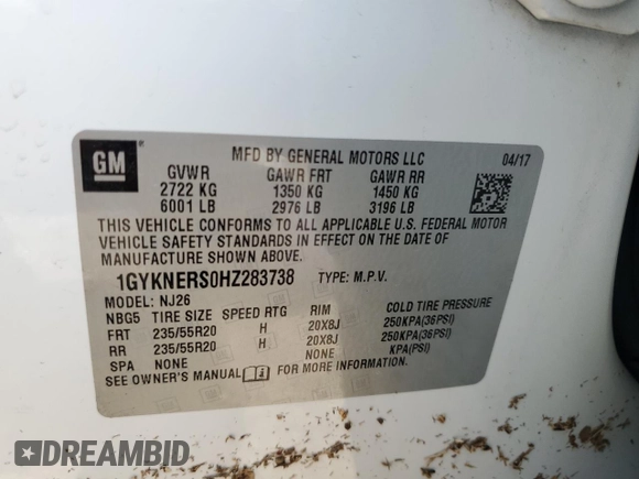 2017 Cadillac XT5 Premium Luxury AWD with VIN 1GYKNERS0HZ283738, listed as a Copart auction lot 51661985 with Not provided miles and Salvage title. Bid and sale history available at DreamBid. Image 13.
