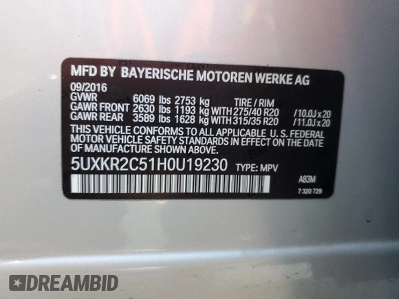 2017 BMW X5 sDrive35i with VIN 5UXKR2C51H0U19230, listed as a Copart auction lot 52731495 with 64,454 mi miles and Salvage Title. Bid and sale history available at carsss.com. Image 16.