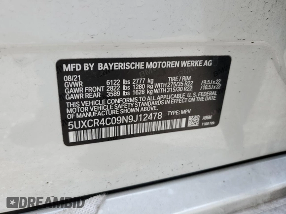 2022 BMW X5 sDrive40i with VIN 5UXCR4C09N9J12478, listed as a Copart auction lot 68438982 with 13,107 mi miles. Bid and sale history available at carsss.com. Image 15.