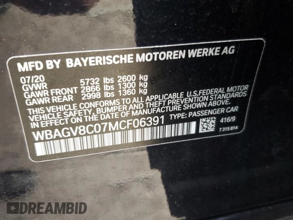 2021 BMW 8 Series M850i с VIN WBAGV8C07MCF06391, выставлен на аукционе Copart как лот 83374724 с пробегом Не указан миль и Списание • Salvage title. История ставок и продаж доступна на DreamBid. Изображение 14.