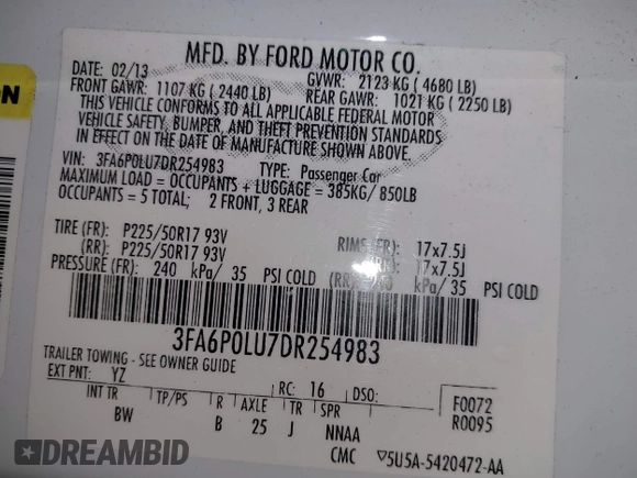 2013 Ford Fusion SE Hybrid with VIN 3FA6P0LU7DR254983, listed as a IAAI auction lot 41883531 with 188,585 mi miles and . Bid and sale history available at carsss.com. Image 9.