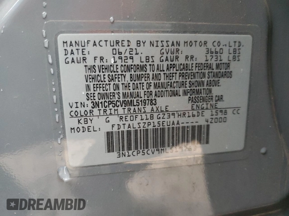 2021 Nissan Kicks SV with VIN 3N1CP5CV9ML519783, listed as a Copart auction lot 51659595 with 35,838 mi miles and Salvage Title. Bid and sale history available at carsss.com. Image 15.