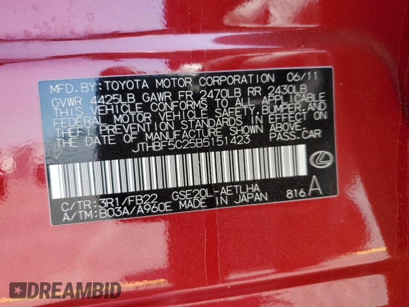 2011 Lexus IS 250 с VIN JTHBF5C25B5151423, выставлен на аукционе Copart как лот 60656385 с пробегом 181 109 миль миль и Списание • Salvage title. История ставок и продаж доступна на DreamBid. Изображение 12.