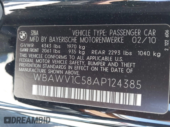 2010 BMW 3 Series 328i with VIN WBAWV1C58AP124385, listed as a IAAI auction lot 41761958 with 197,944 mi miles. Bid and sale history available at carsss.com. Image 9.