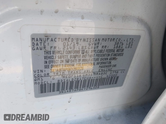 2019 Nissan Sentra SV with VIN 3N1AB7AP8KY296528, listed as a IAAI auction lot 40254265 with 57,196 mi miles and . Bid and sale history available at DreamBid. Image 9.