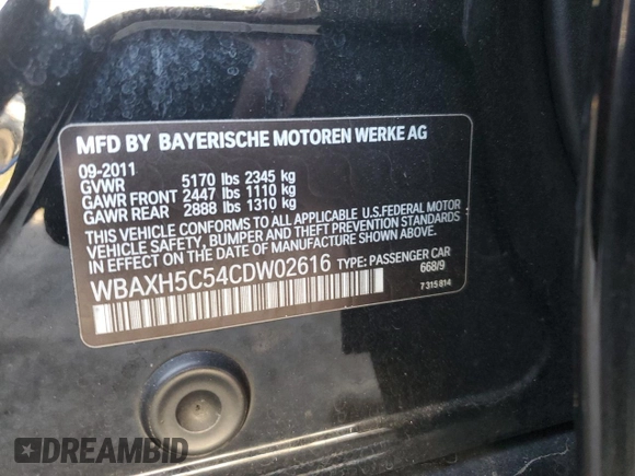 2012 BMW 5 Series 528i xDrive with VIN WBAXH5C54CDW02616, listed as a Copart auction lot 49104255 with 169,360 mi miles and Clean title. Bid and sale history available at DreamBid. Image 12.