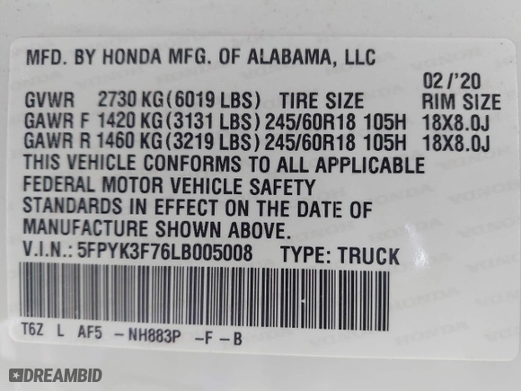 2020 Honda Ridgeline RTL-E with VIN 5FPYK3F76LB005008, listed as a IAAI auction lot 41662580 with 33,987 mi miles. Bid and sale history available at carsss.com. Image 9.