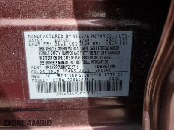 2021 Nissan Sentra SV with VIN 3N1AB8CV0MY203716, listed as a Copart auction lot 52529895 with 58,390 mi miles and Clean title. Bid and sale history available at DreamBid. Image 14.