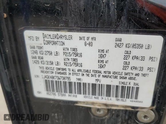 2003 Jeep Liberty Sport with VIN 1J4GK48K73W730795, listed as a Copart auction lot 46468005 with 232,292 mi miles and Salvage Title. Bid and sale history available at DreamBid. Image 15.