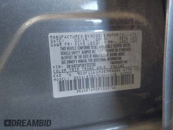 2019 Nissan Sentra S z VIN 3N1AB7AP2KY333766, wystawiony jako IAAI lot #41593714 z przebiegiem 79 811 mil mil oraz . Historia ofert i sprzedaży dostępna na DreamBid. Obrazek 9.