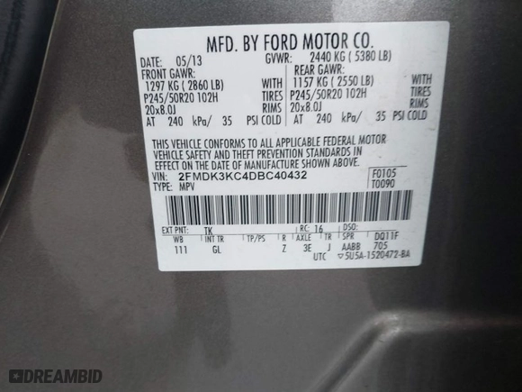 2013 Ford Edge Limited with VIN 2FMDK3KC4DBC40432, listed as a IAAI auction lot 41846116 with 127,908 mi miles. Bid and sale history available at carsss.com. Image 9.