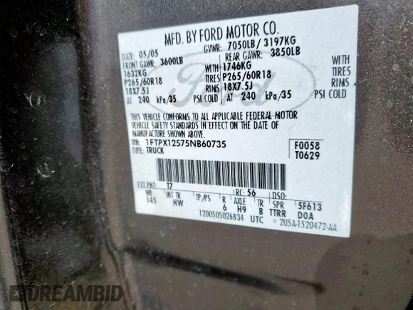 2005 Ford F-150 XLT with VIN 1FTPX12575NB60735, listed as a Copart auction lot 49598075 with 153,360 mi miles and Salvage title. Bid and sale history available at DreamBid. Image 12.