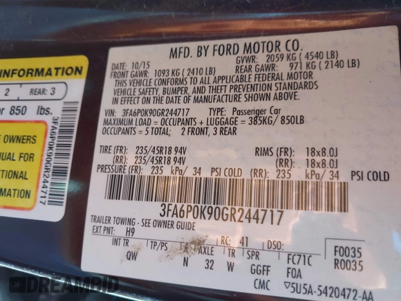 2016 Ford Fusion Titanium with VIN 3FA6P0K90GR244717, listed as a IAAI auction lot 41395806 with 151,853 mi miles. Bid and sale history available at carsss.com. Image 9.