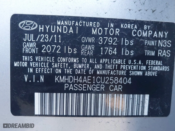 2012 Hyundai Elantra GLS with VIN KMHDH4AE1CU258404, listed as a IAAI auction lot 41766937 with 139,012 mi miles. Bid and sale history available at carsss.com. Image 9.