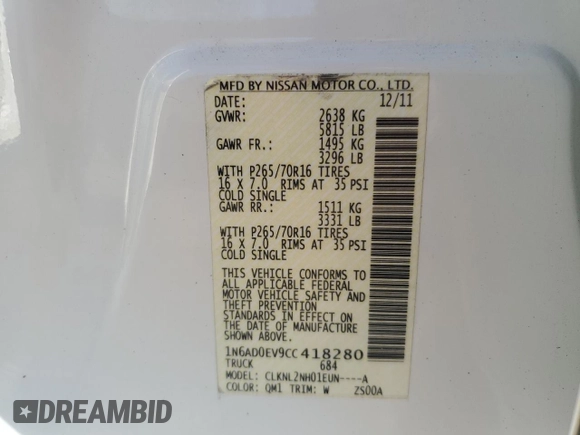 2012 Nissan Frontier SV z VIN 1N6AD0EV9CC418280, wystawiony jako Copart lot #50765995 z przebiegiem 176 065 mil mil oraz Szkoda całkowita • Salvage title. Historia ofert i sprzedaży dostępna na DreamBid. Obrazek 14.