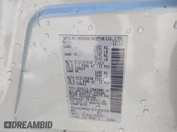2013 Nissan Pathfinder SL with VIN 5N1AR2MM6DC628809, listed as a IAAI auction lot 41850082 with 129,640 mi miles and . Bid and sale history available at DreamBid. Image 9.