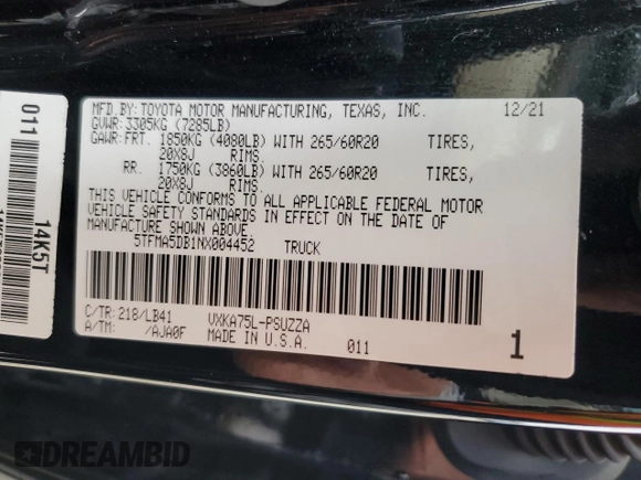 2022 Toyota Tundra 1794 Edition with VIN 5TFMA5DB1NX004452, listed as a Copart auction lot 43456365 with 37,191 mi miles and Salvage title. Bid and sale history available at DreamBid. Image 13.