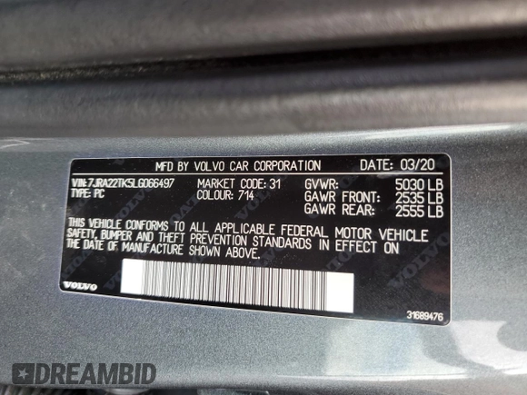 2020 Volvo S60 Momentum with VIN 7JRA22TK5LG066497, listed as a Copart auction lot 63105214 with 21,398 mi miles and Salvage Title. Bid and sale history available at carsss.com. Image 12.