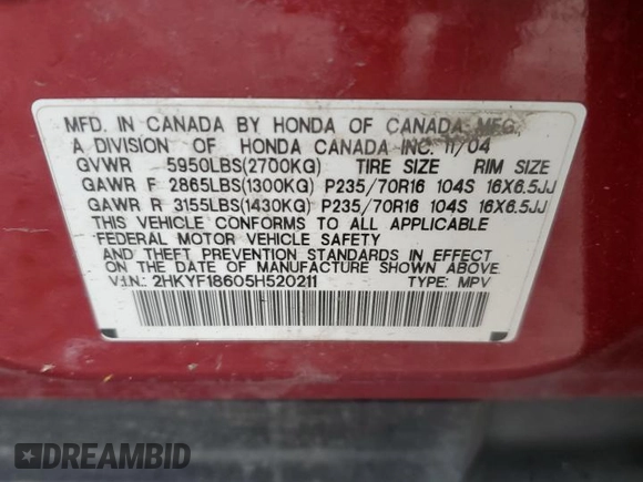 2005 Honda Pilot EX-L with RES with VIN 2HKYF18605H520211, listed as a Copart auction lot 55065745 with 236,365 mi miles and Clean Title. Bid and sale history available at carsss.com. Image 13.