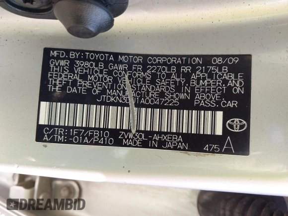 2010 Toyota Prius II with VIN JTDKN3DU1A0047225, listed as a IAAI auction lot 41833174 with 218,334 mi miles. Bid and sale history available at carsss.com. Image 9.