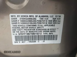 2005 Honda Pilot EX-L z VIN 5FNYF18675B014213, wystawiony jako IAAI lot #42345259 z przebiegiem 244 510 mil mil oraz . Historia ofert i sprzedaży dostępna na DreamBid. Obrazek 9.