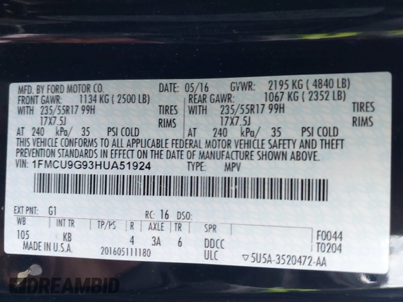 2017 Ford Escape SE with VIN 1FMCU9G93HUA51924, listed as a IAAI auction lot 41711537 with 163,297 mi miles and . Bid and sale history available at carsss.com. Image 9.