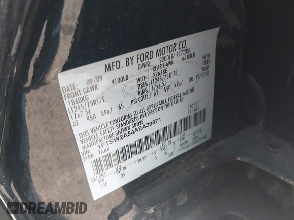 2010 Ford F-250 XL with VIN 1FTSW2A54AEA39871, listed as a IAAI auction lot 42566449 with 221,358 mi miles and . Bid and sale history available at DreamBid. Image 9.
