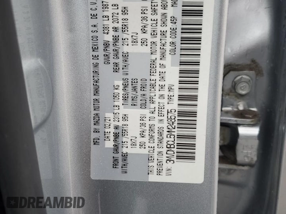 2021 Mazda CX-30 Preferred с VIN 3MVDMBCL5MM248575, выставлен на аукционе Copart как лот 52821575 с пробегом 47 364 миль миль и Списание • Salvage title. История ставок и продаж доступна на DreamBid. Изображение 14.