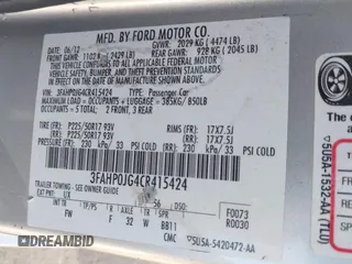 2012 Ford Fusion SEL with VIN 3FAHP0JG4CR415424, listed as a IAAI auction lot 42555115 with 94,276 mi miles and . Bid and sale history available at DreamBid. Image 9.
