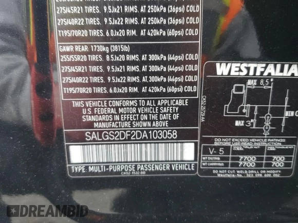 2013 Land Rover Range Rover HSE with VIN SALGS2DF2DA103058, listed as a Copart auction lot 53796295 with 130,843 mi miles and Salvage title. Bid and sale history available at DreamBid. Image 16.