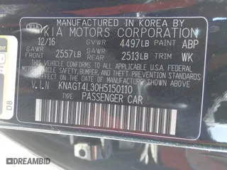 2017 Kia Optima LX with VIN KNAGT4L30H5150110, listed as a IAAI auction lot 41854437 with 25,061 mi miles. Bid and sale history available at carsss.com. Image 9.