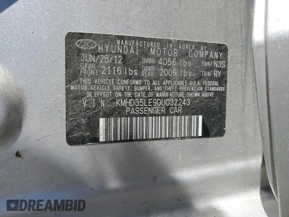 2013 Hyundai Elantra with VIN KMHD35LE9DU032243, listed as a Copart auction lot 53285835 with 122,389 mi miles and Salvage title. Bid and sale history available at DreamBid. Image 13.