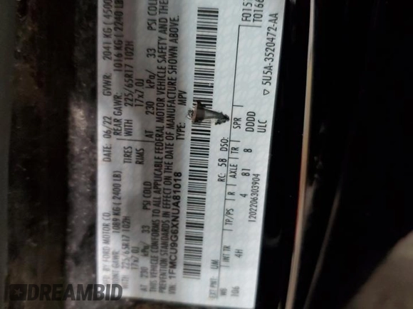 2022 Ford Escape SE z VIN 1FMCU9G6XNUA81018, wystawiony jako Copart lot #44753645 z przebiegiem 75 280 mil mil oraz Szkoda całkowita • Salvage title. Historia ofert i sprzedaży dostępna na DreamBid. Obrazek 13.