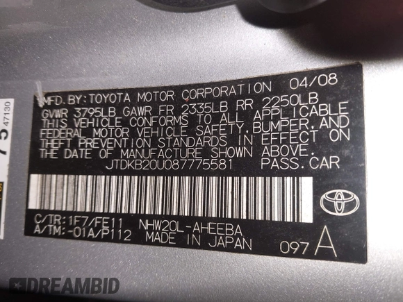 2008 Toyota Prius with VIN JTDKB20U087775581, listed as a IAAI auction lot 42195850 with 116,382 mi miles and . Bid and sale history available at DreamBid. Image 9.