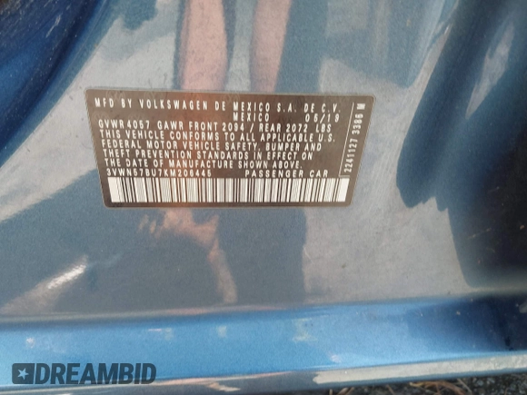 2019 Volkswagen Jetta S with VIN 3VWN57BU7KM206445, listed as a IAAI auction lot 42558820 with 110,309 mi miles and . Bid and sale history available at DreamBid. Image 9.