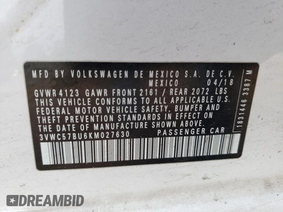 2019 Volkswagen Jetta S with VIN 3VWC57BU6KM027630, listed as a Copart auction lot 61508895 with 84,486 mi miles and Salvage title. Bid and sale history available at DreamBid. Image 12.