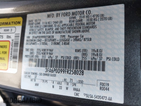 2015 Ford Fusion Titanium with VIN 3FA6P0D99FR258028, listed as a IAAI auction lot 41700630 with 82,084 mi miles. Bid and sale history available at carsss.com. Image 9.